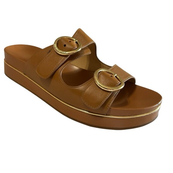 Michael Kors Womens 7M Leather Tan Double Strap Buckle Platform Slide Sandals - Picture 1 of 14